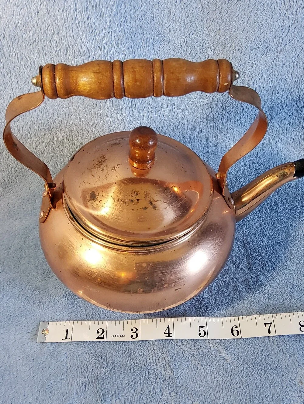 Vintage 1984 Copper Tea Kettle Taiwan FTDA Wood Handle Farmhouse Cottagecore